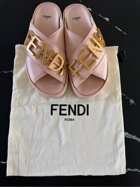 Fendi Blush Pink Leather Logo Fendigraphy Slides with Gold Hardware